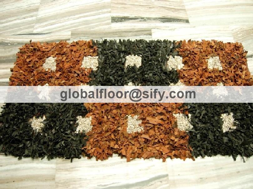 Gff-4285 leather shaggy rug-black-camel-dot design 